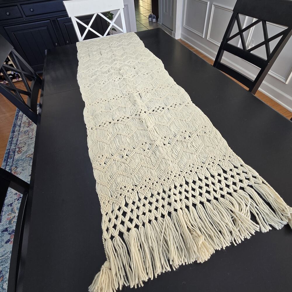 Vintage Wool Macrame Table Runner 100% Wool 80×20" Ivory Hand Knotted Boho